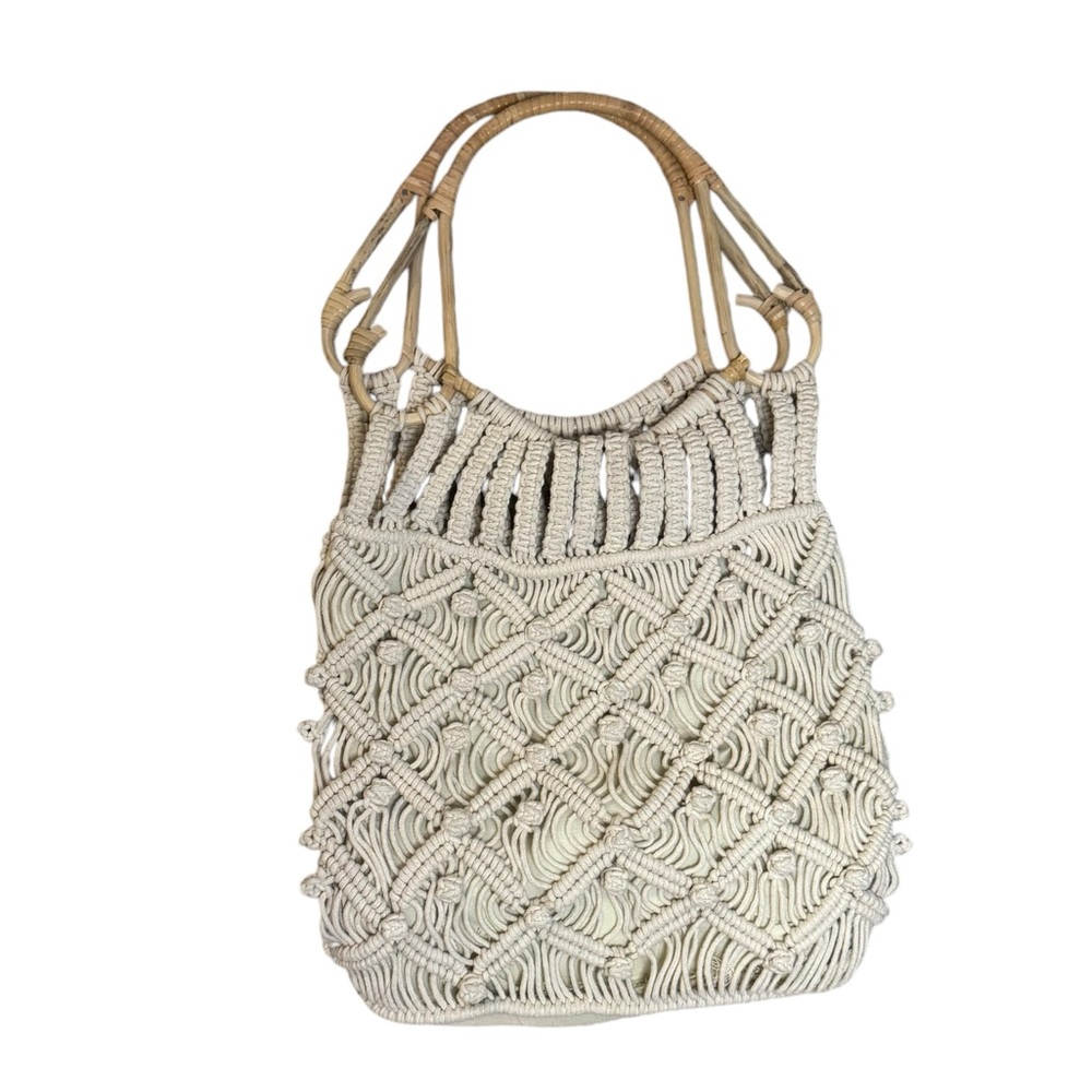 Ivory Handmade Crochet Bag with Wooden Handles Made in India Vacation Bag